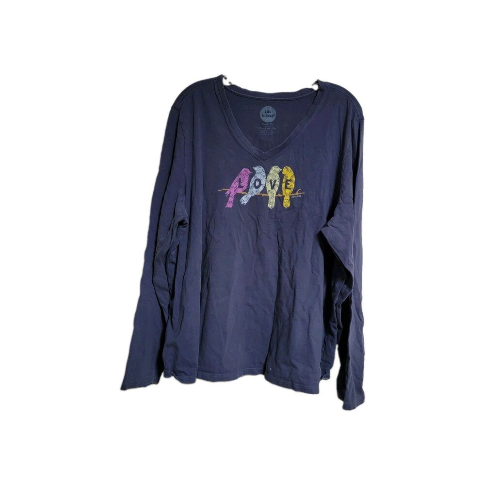 Life is Good Women XXXL Navy Crusher Tee Love Birds Long Sleeve V Neck size 3X